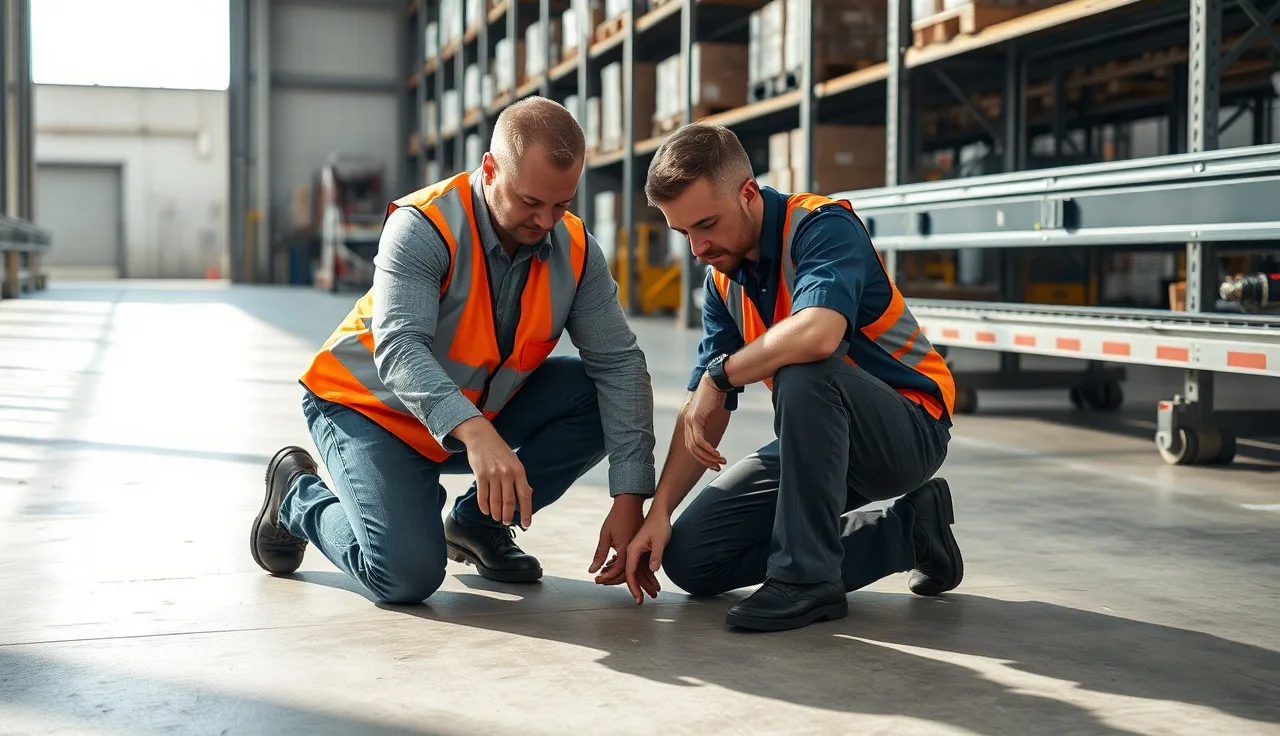 Supervisor and worker examining incident scene near conveyor belt in warehouse