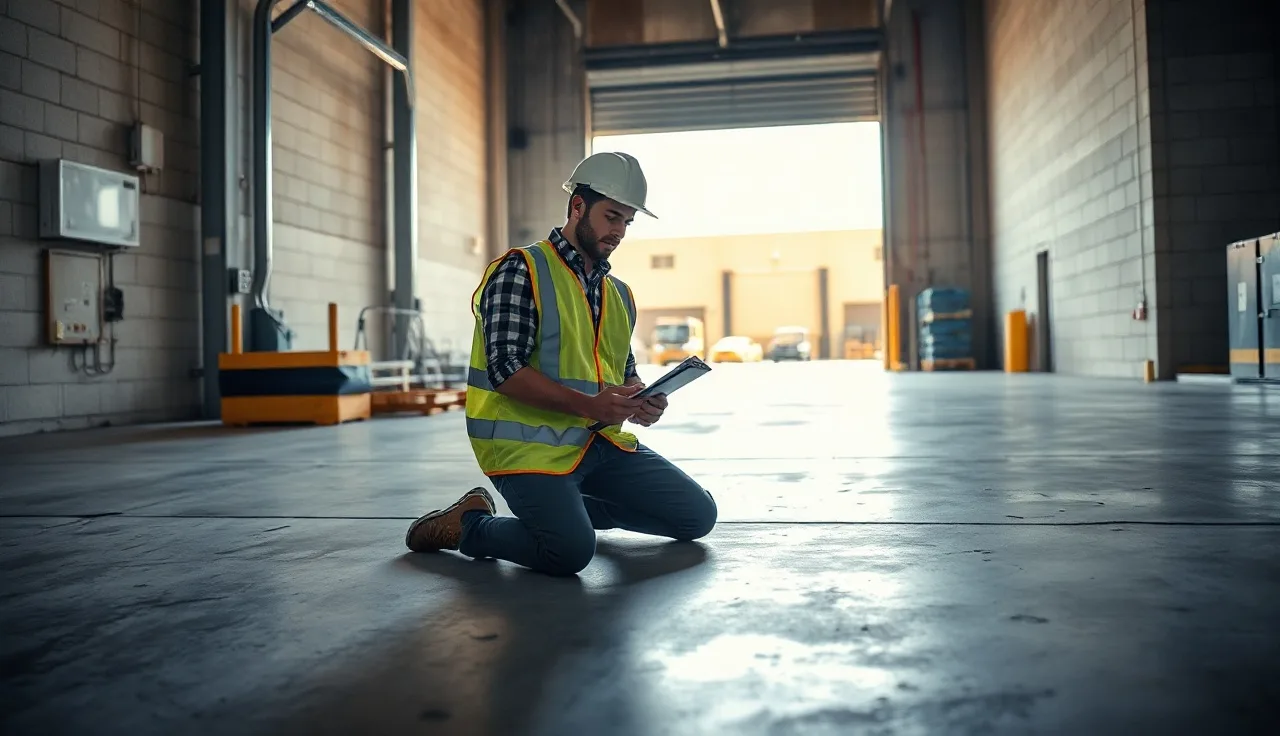 Safety coordinator examining a warehouse floor near a loading dock door during an incident investigation