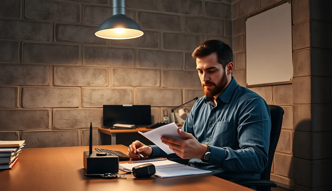 Manager reviewing security incident notes at a warehouse office desk at dusk