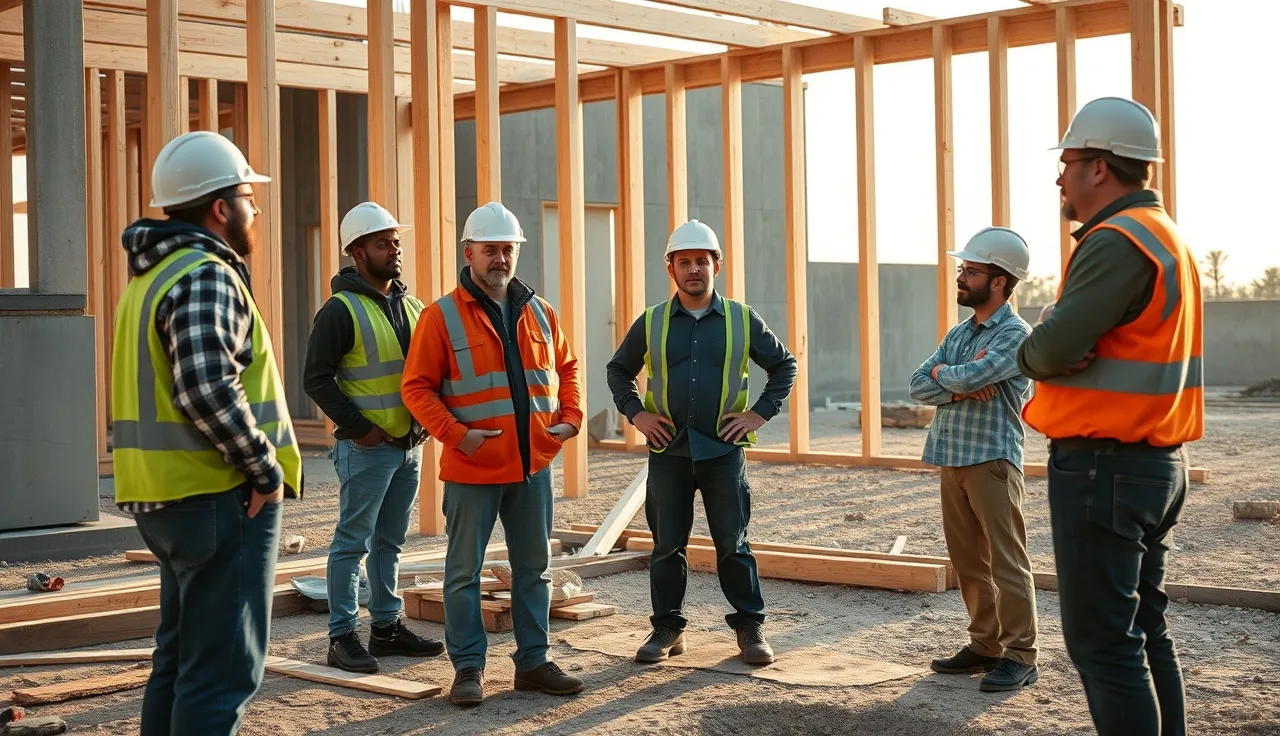 Construction crew gathered for a toolbox talk at a framing job site at dawn