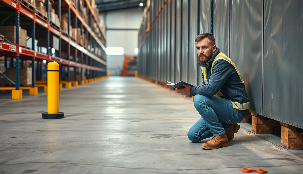 Warehouse supervisor examining floor hazard near safety bollard during incident investigation