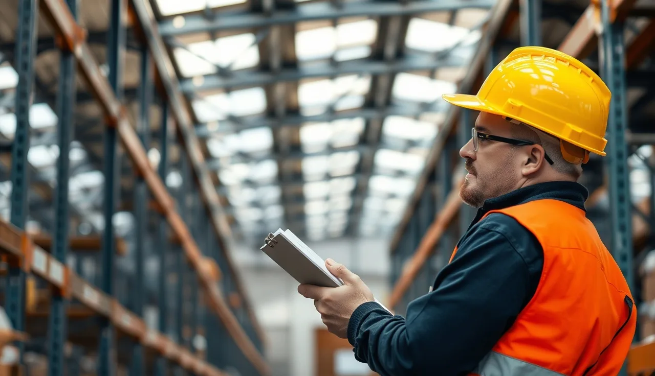 Warehouse supervisor reviewing safety checklist near industrial shelving in afternoon light