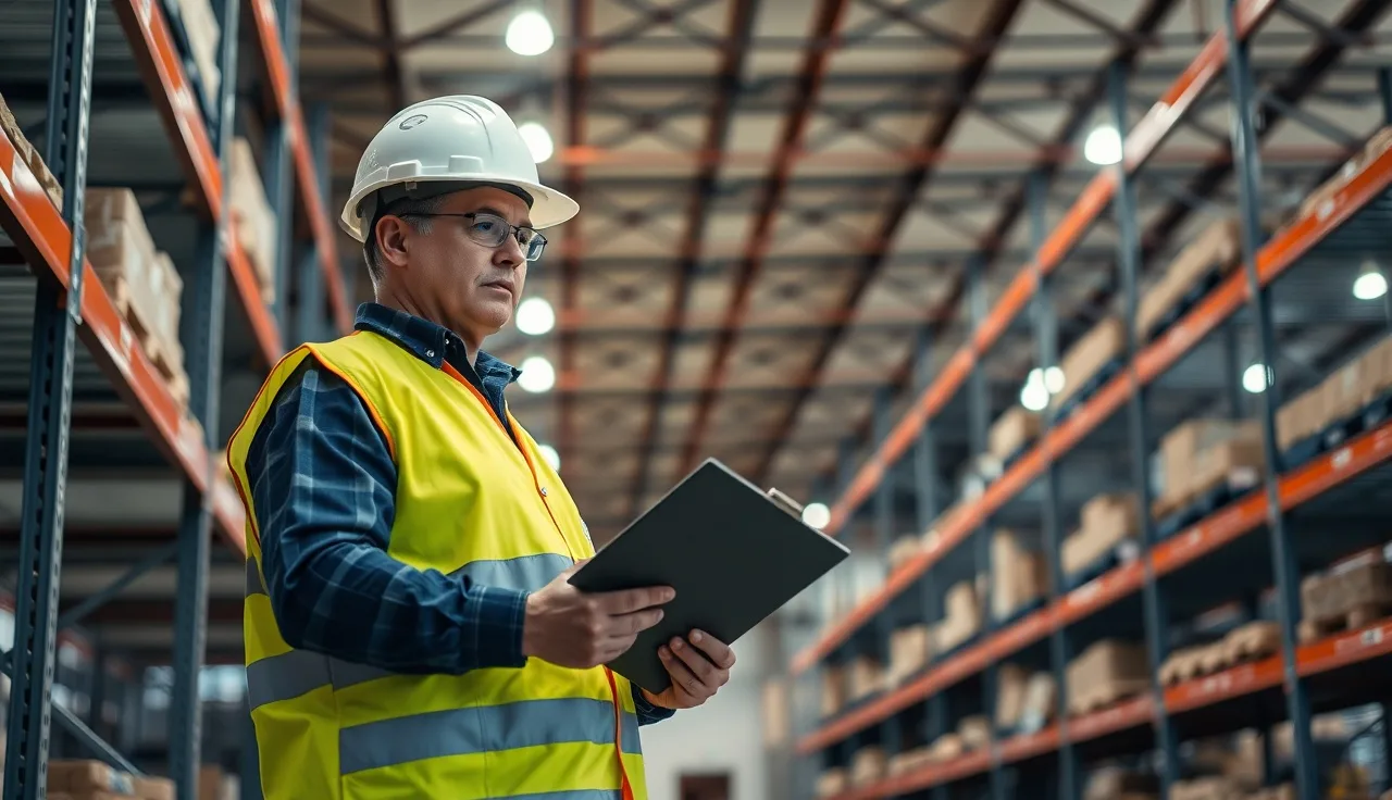 Warehouse worker in hard hat reviewing safety clipboard inside California facility