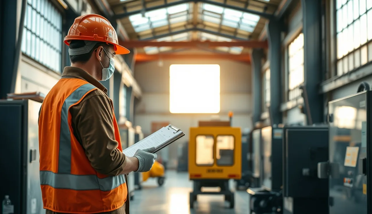 Worker reviewing safety checklist on a small manufacturing floor under natural light
