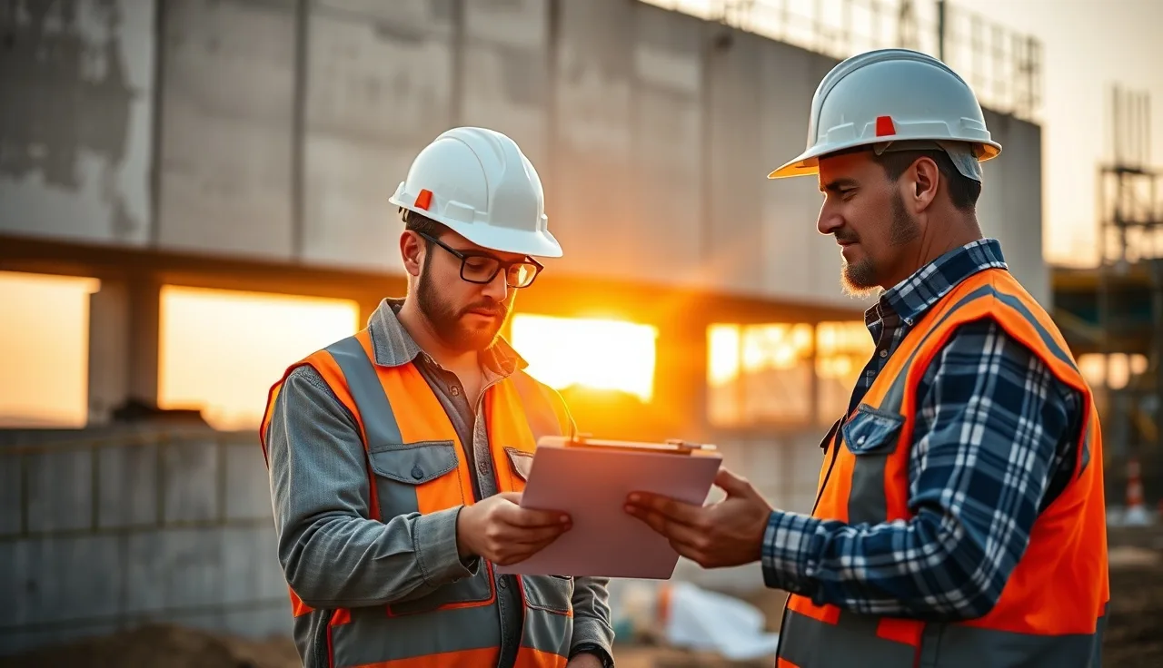 Two workers in hard hats reviewing safety documents at a construction site