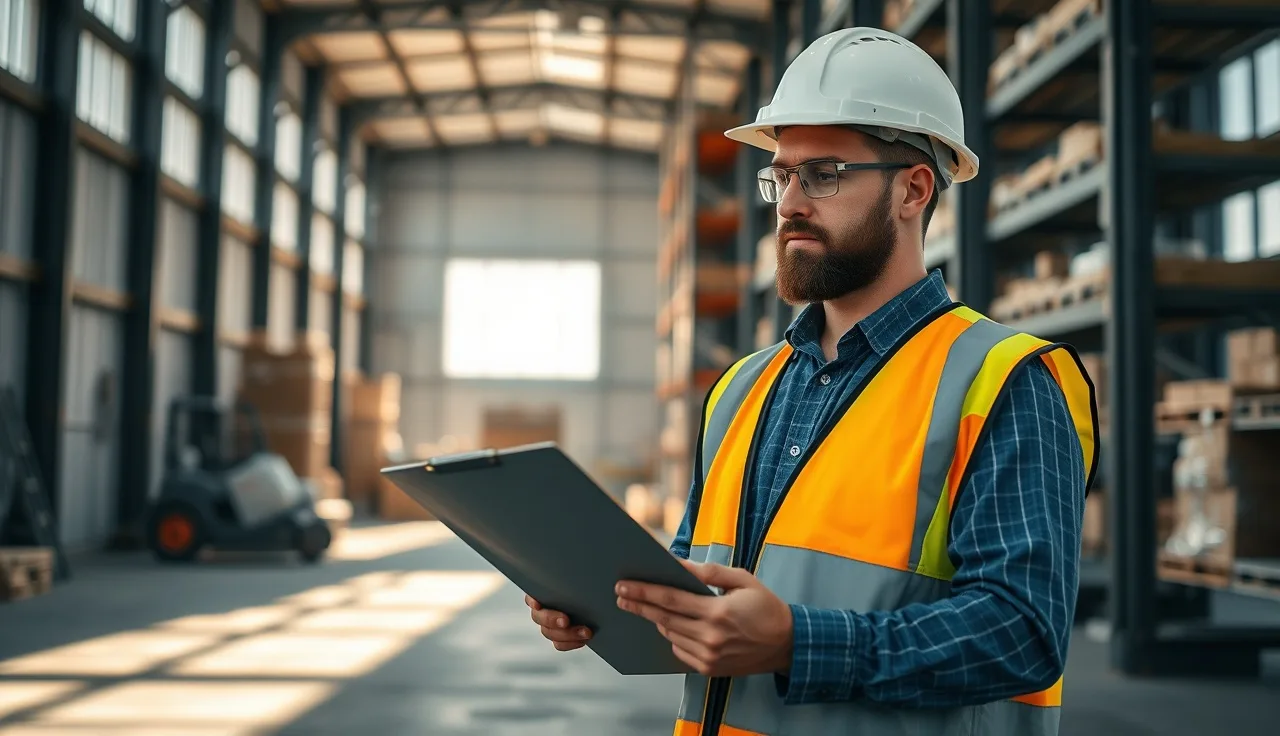 Safety officer in hard hat reviewing compliance documents inside an industrial warehouse