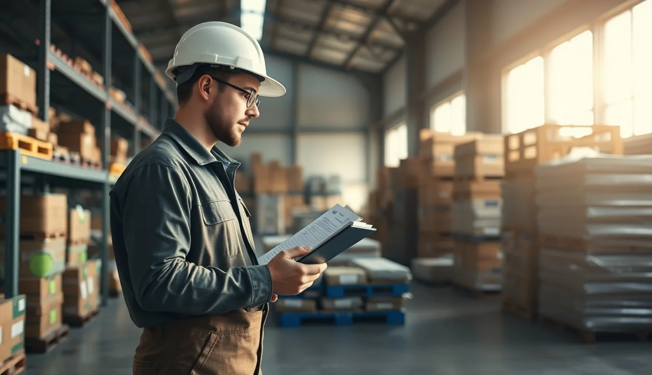 Worker in hard hat reviewing safety checklist in a small Washington state warehouse