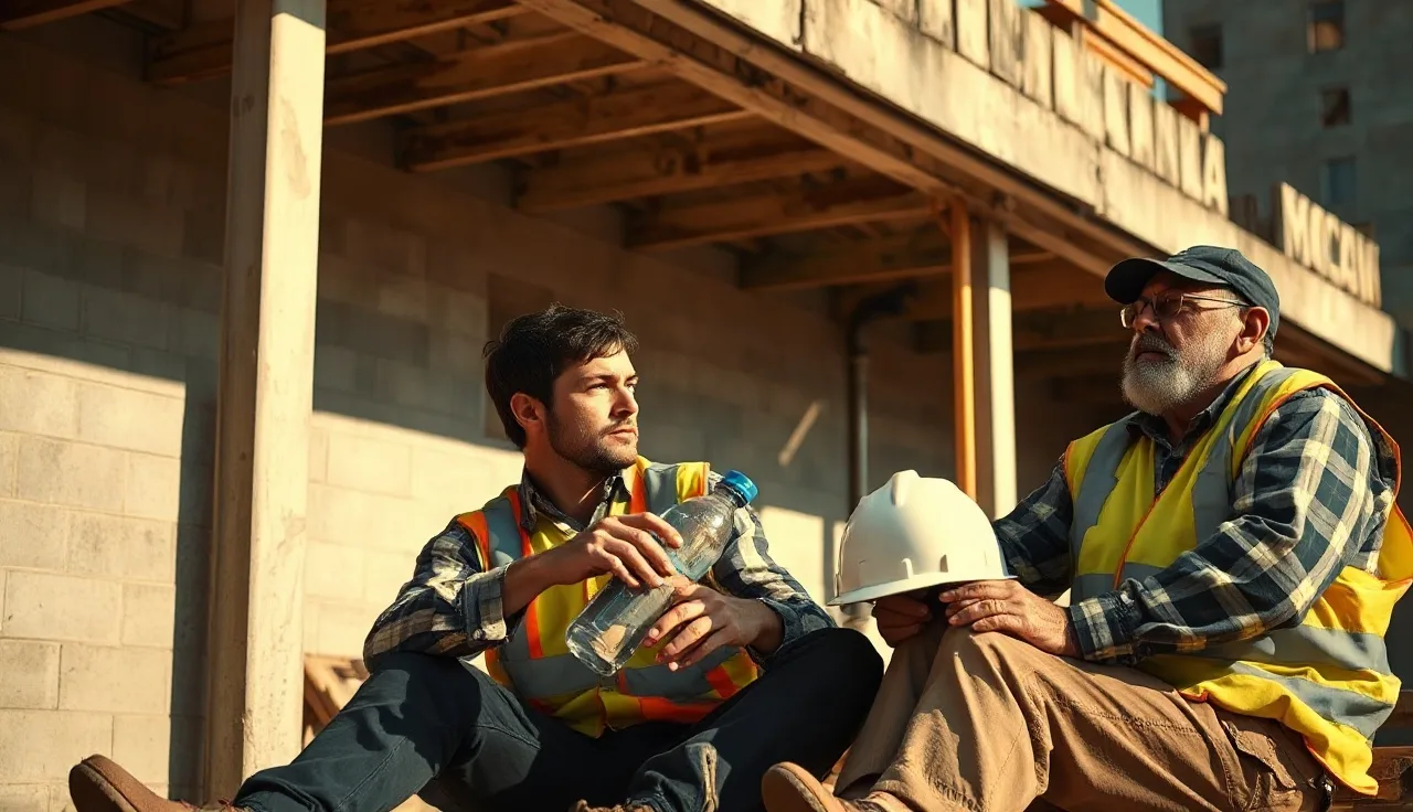 Construction workers taking a shaded rest break in summer heat to prevent heat illness