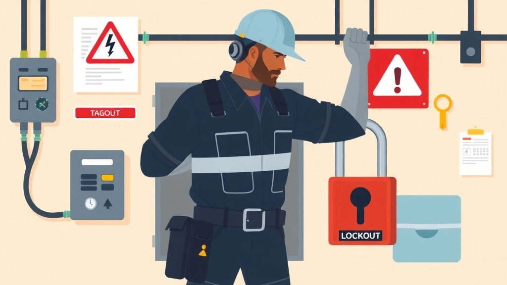 A professional illustration depicting electrician Lockout Tagout