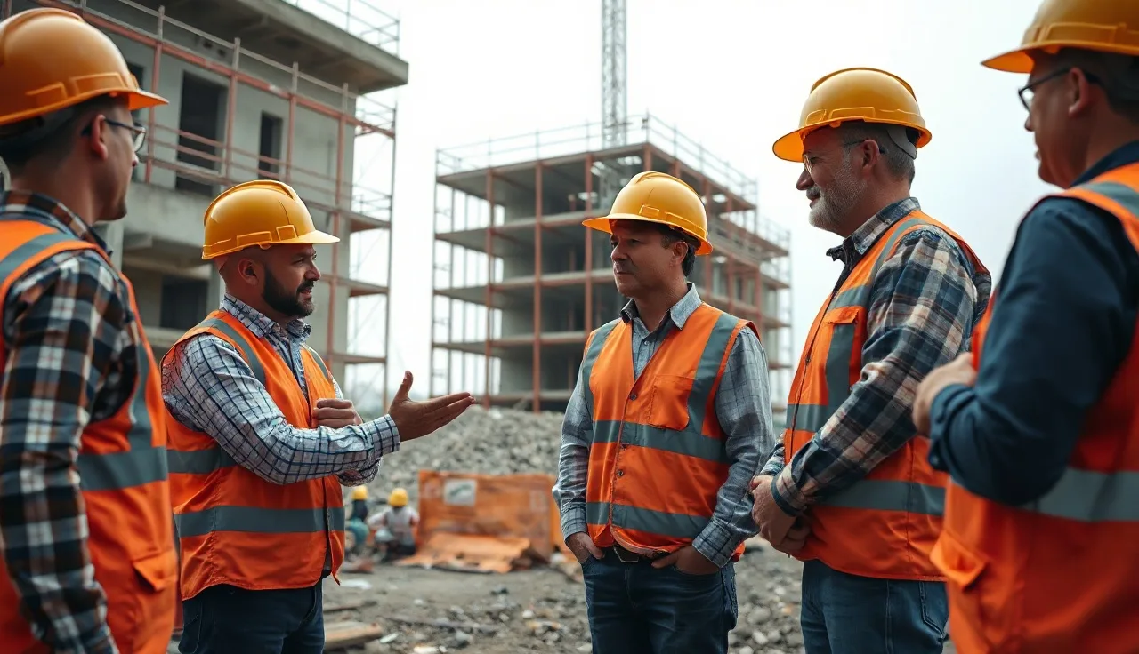 Construction crew in hard hats holding a morning toolbox talk safety briefing on a jobsite