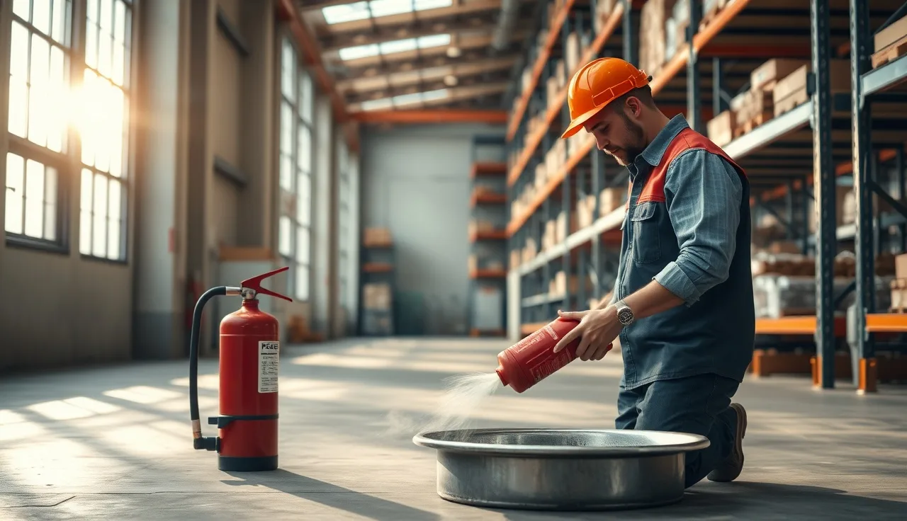 Worker aiming a red fire extinguisher during hands-on training in a warehouse