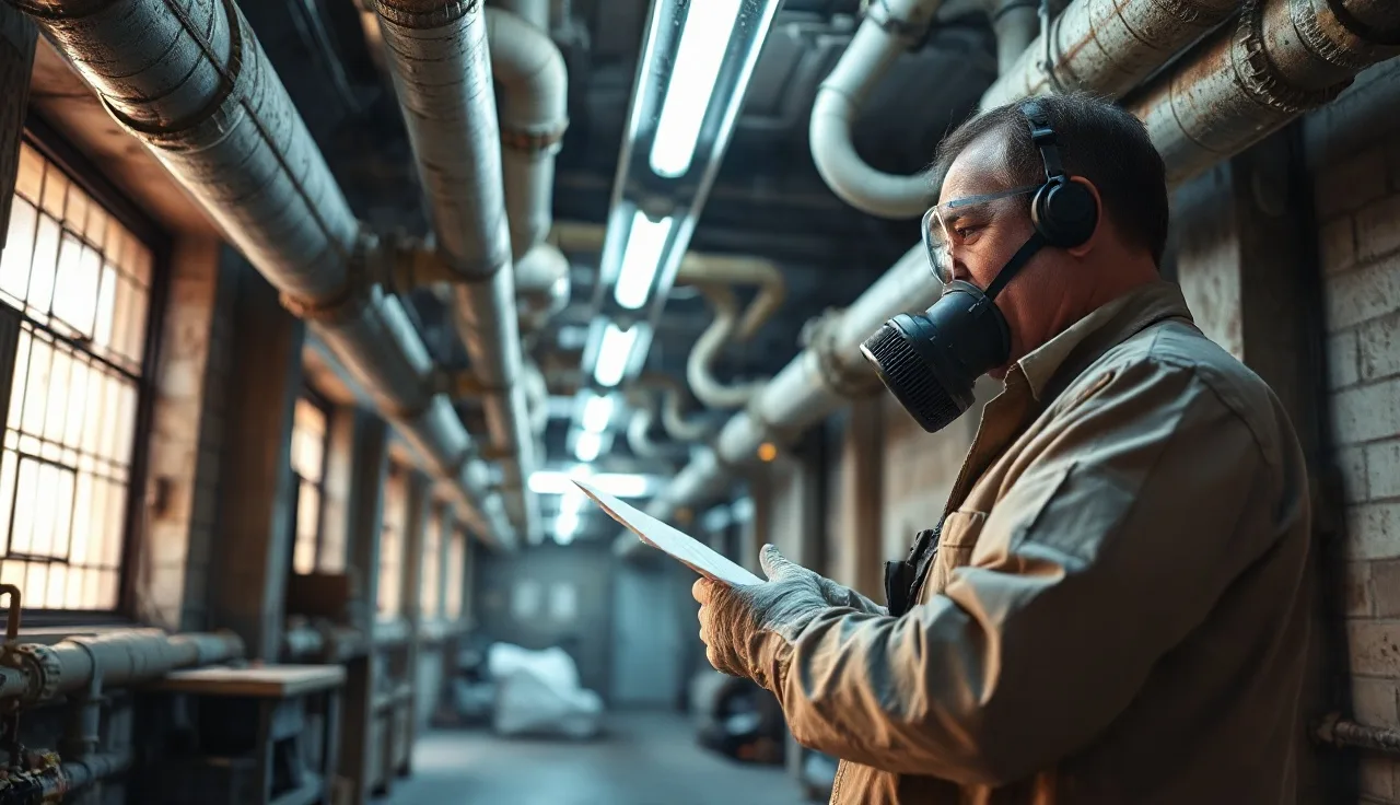 Worker in protective coveralls inspecting old pipe insulation in a commercial building for asbestos