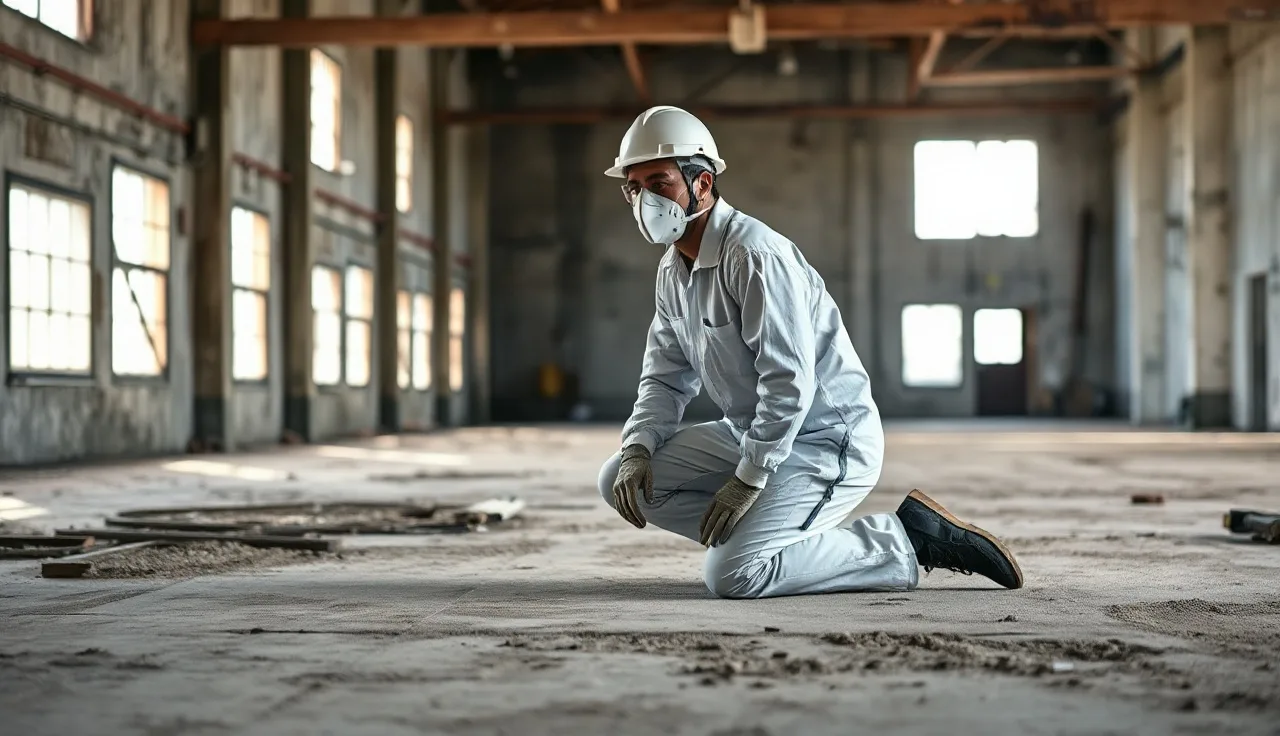 Construction worker in white coveralls and respirator kneeling near old floor tiles in a gutted building