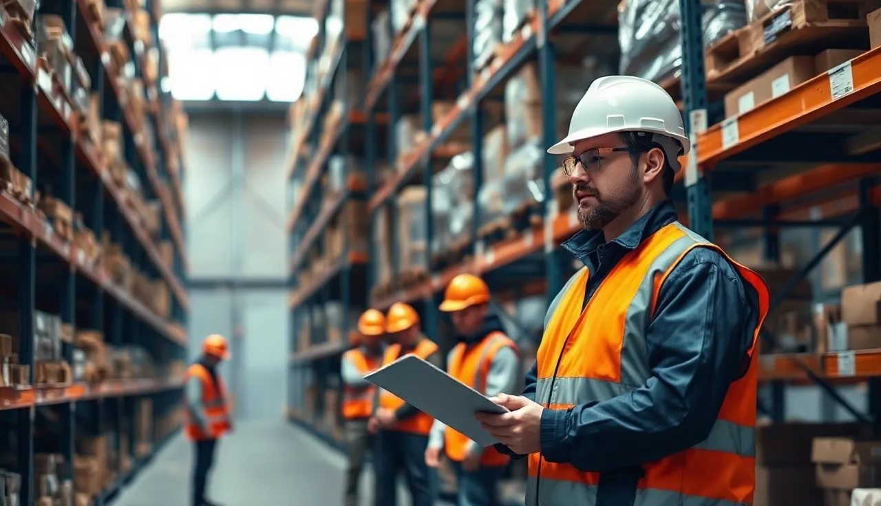 Safety supervisor reviewing Cal/OSHA training materials with warehouse workers