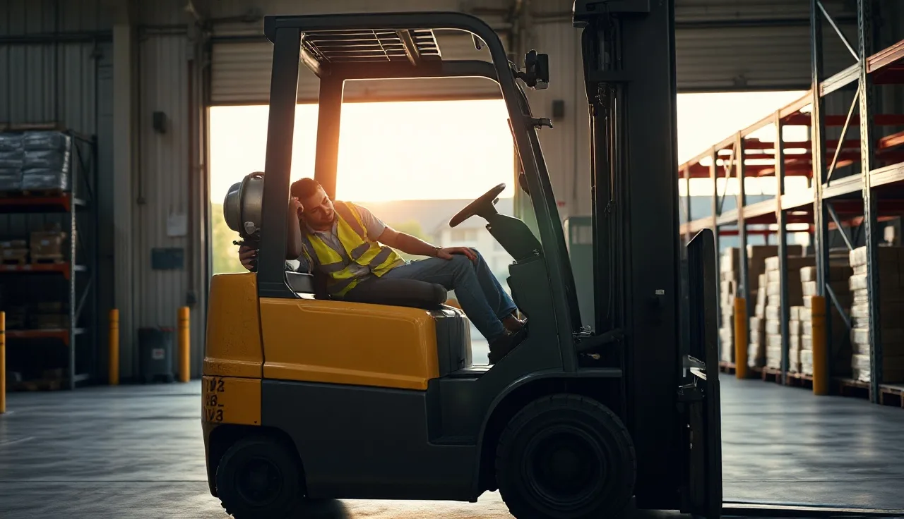 Forklift operator in yellow vest at the controls of an indoor counterbalance forklift