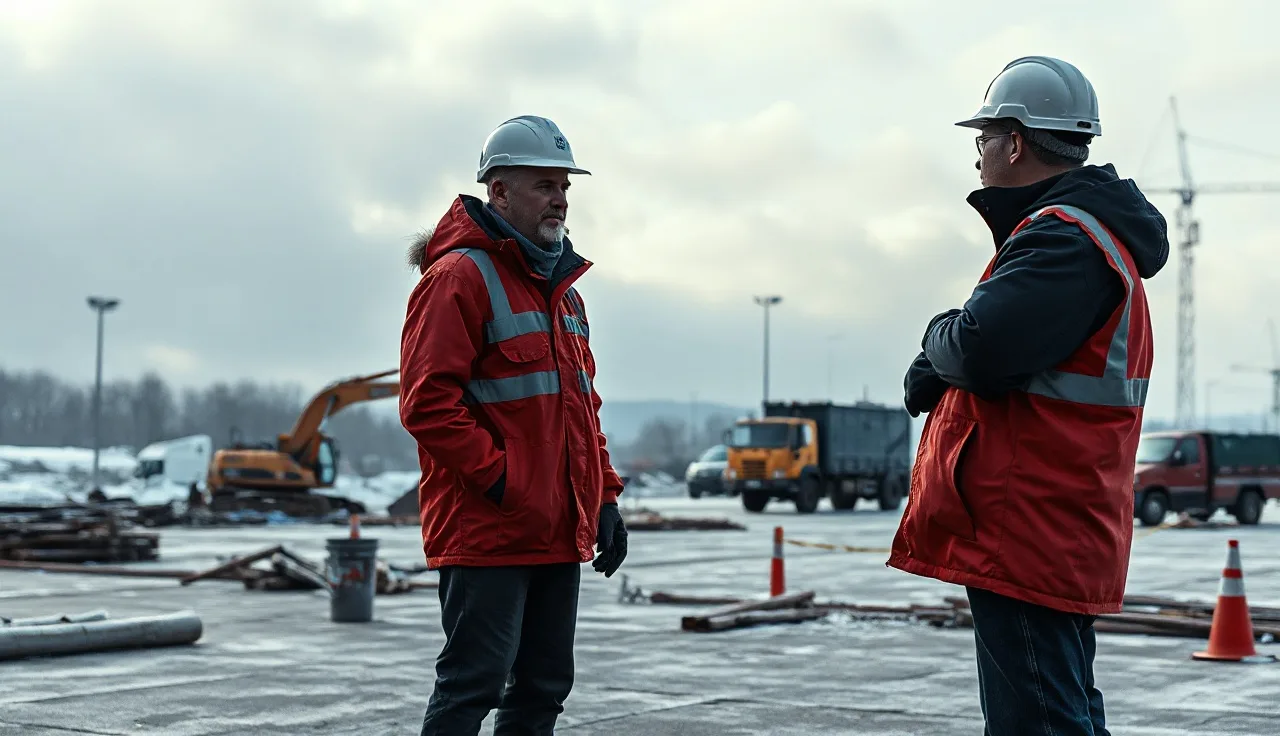 Two workers in winter gear on a frost-covered jobsite during a morning cold stress briefing
