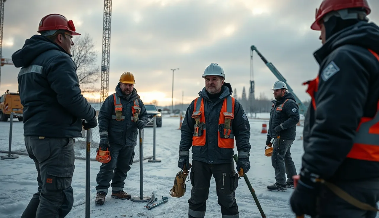 Construction workers in insulated gear at a snowy outdoor job site during cold weather