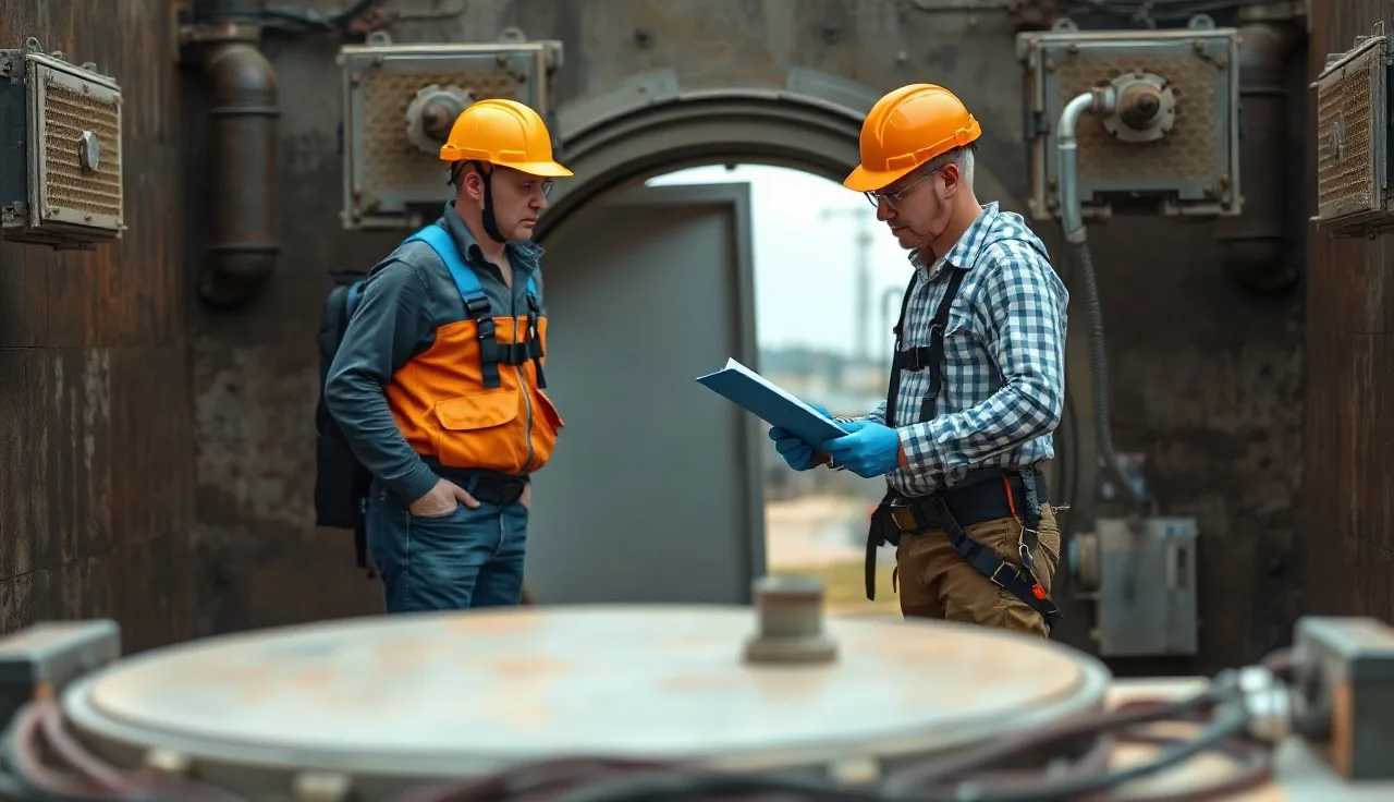 Two workers reviewing entry permit beside open confined space hatch at industrial site