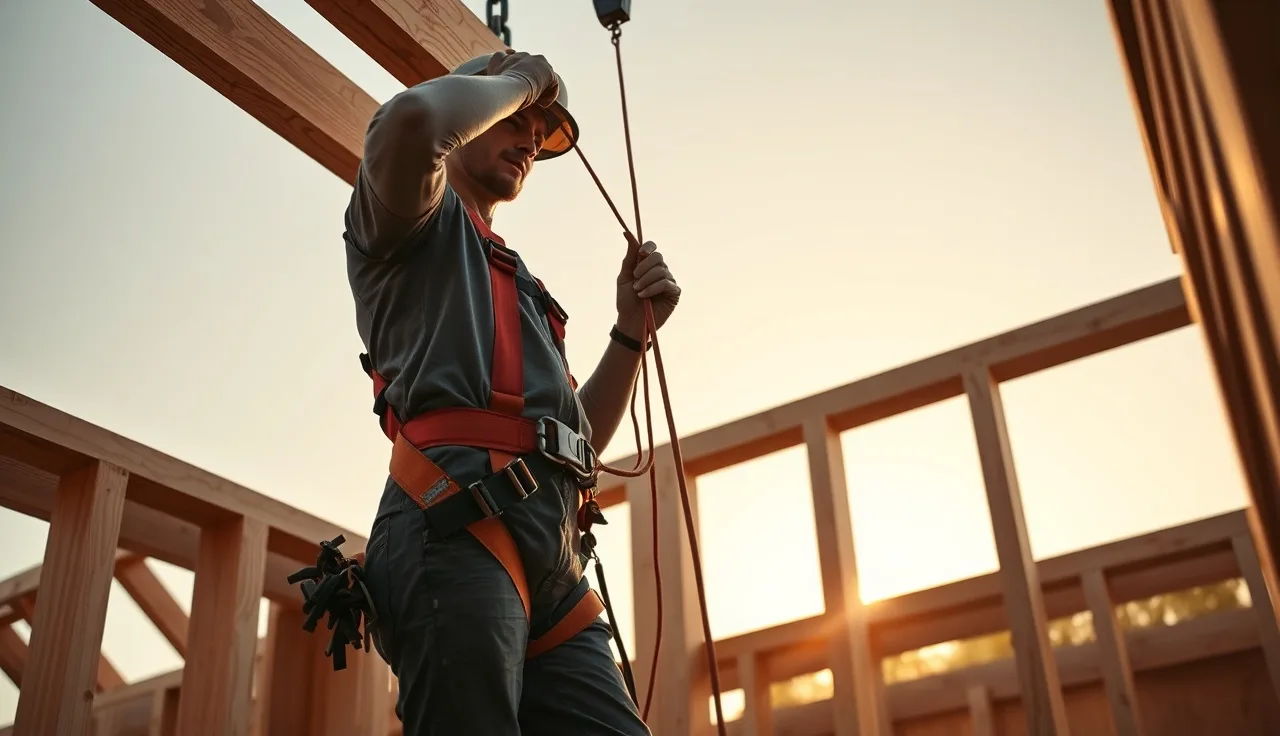 Construction worker in fall arrest harness attaching to roof anchor point on building frame