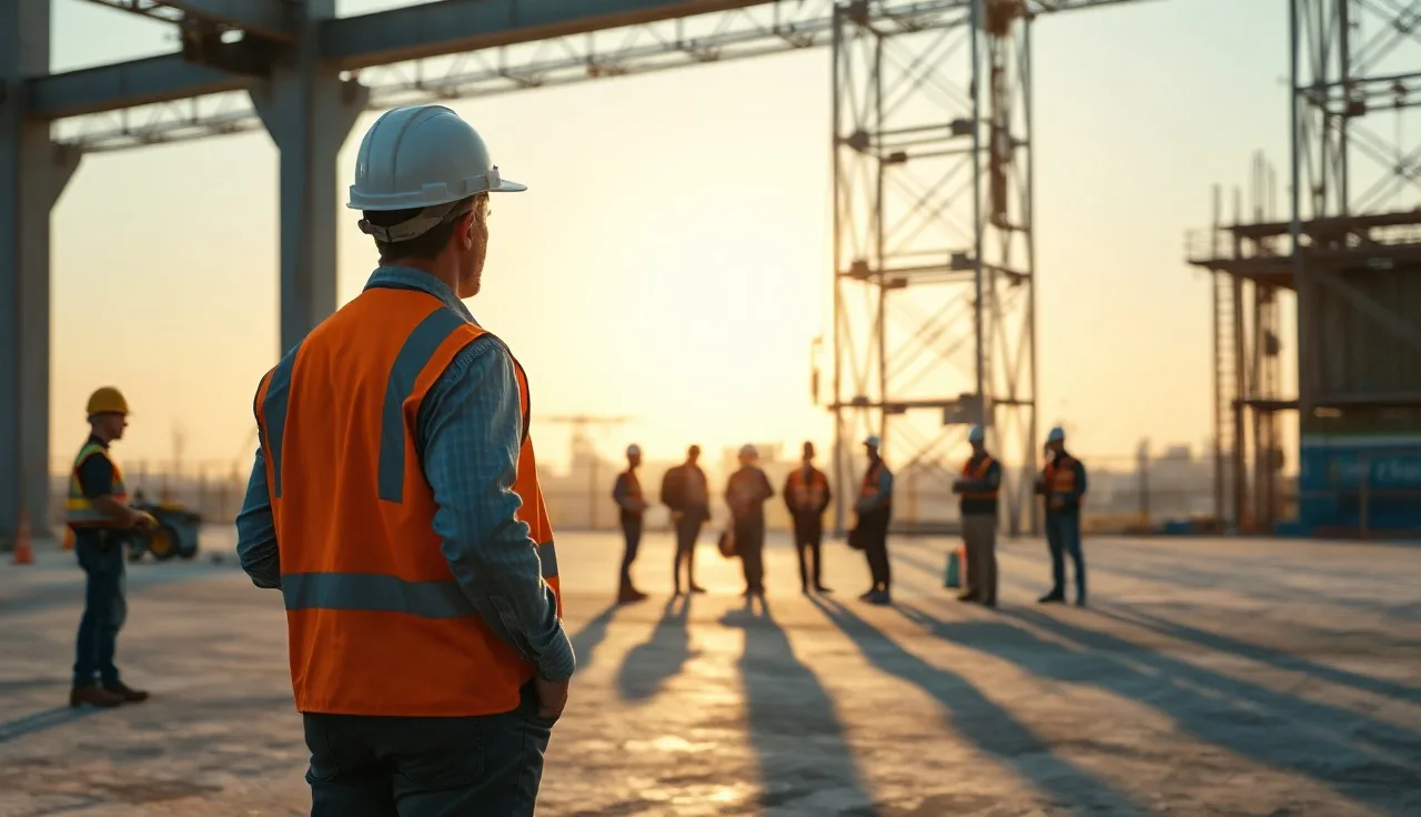 Construction foreman leading a toolbox talk with crew on a jobsite at dawn