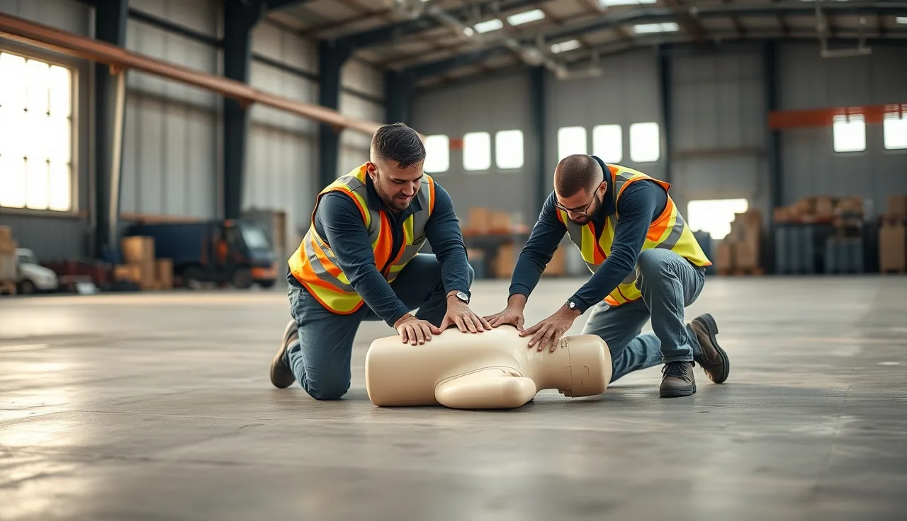 Two warehouse workers practicing CPR on a training manikin during a workplace safety class