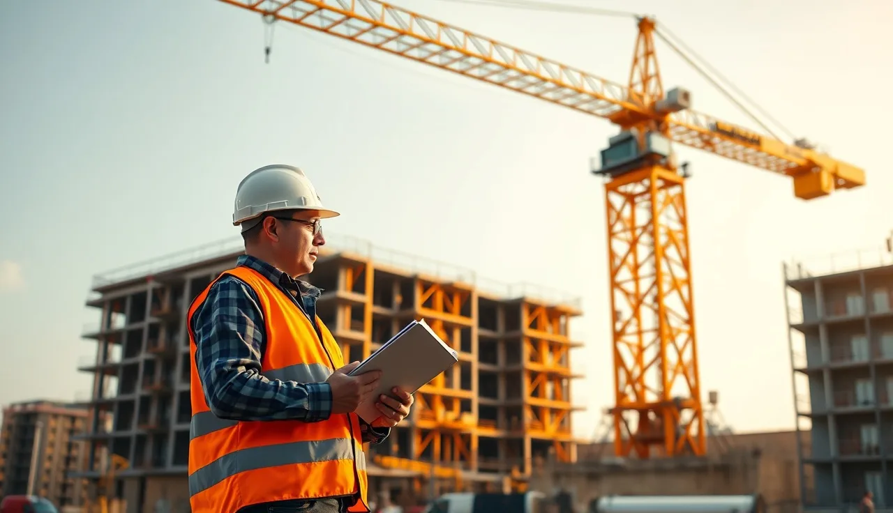 Construction worker reviewing paperwork next to a large telescopic boom crane on a job site