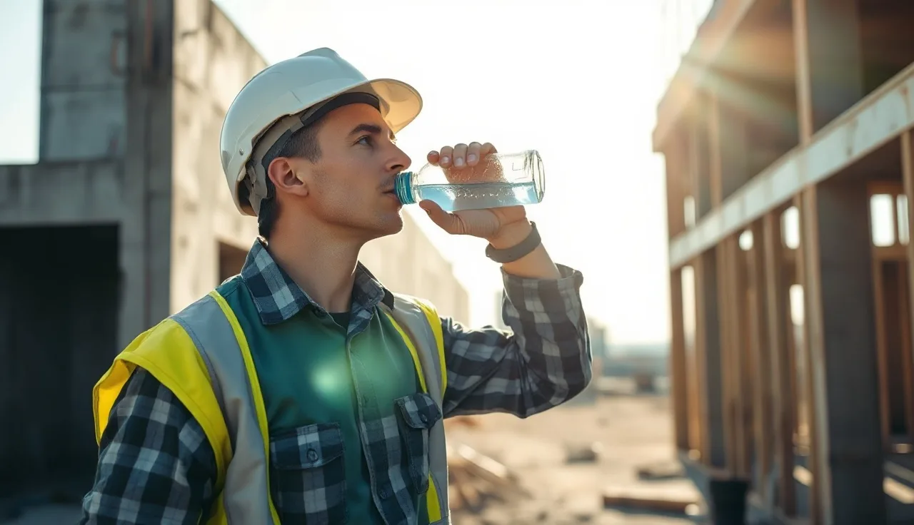 Worker in hard hat drinking water on a hot outdoor construction site