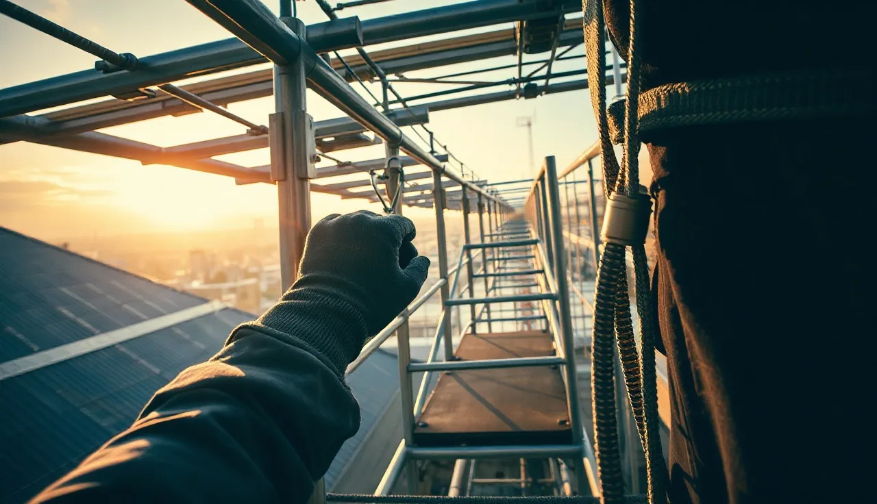 Worker on elevated scaffold securing tools with safety lanyards, dropped object hazard