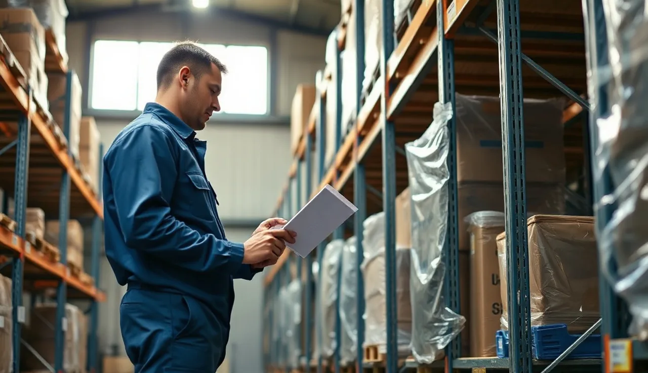 Warehouse worker examining chemical container under natural light during safety training