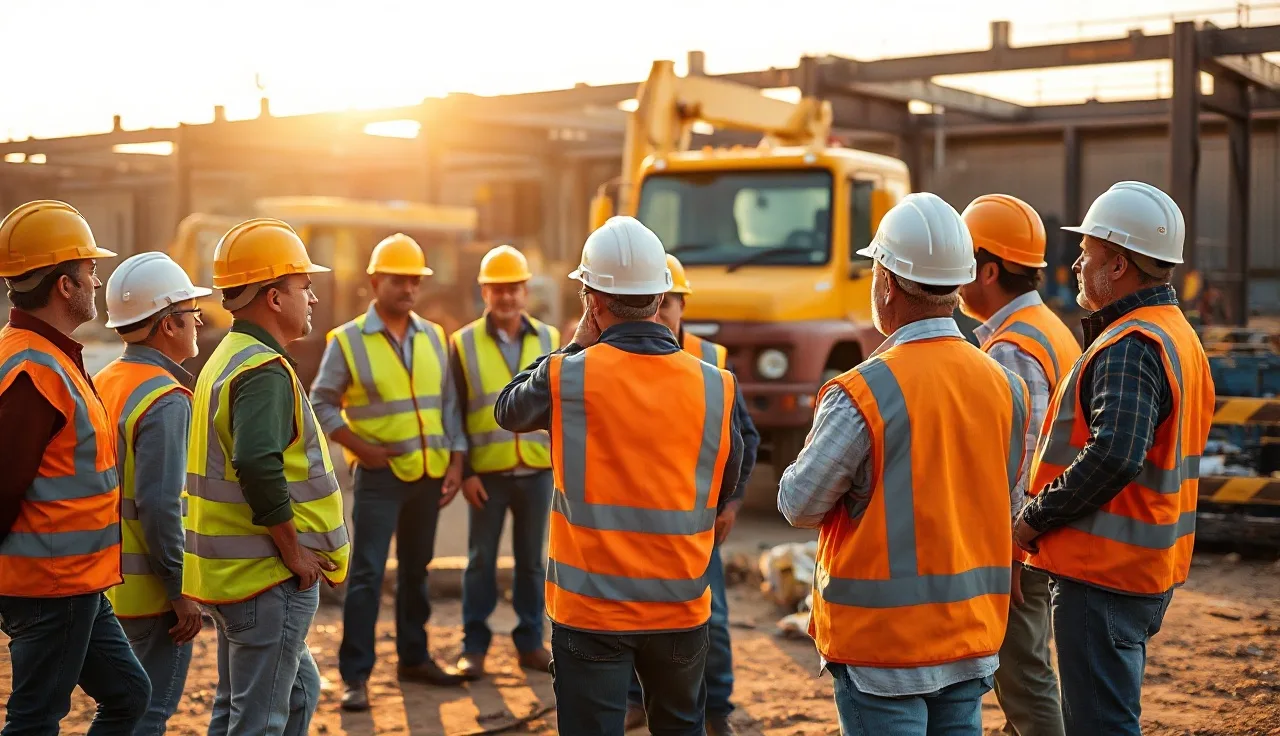 Workers in hard hats gathered for an equipment safety toolbox talk on a job site