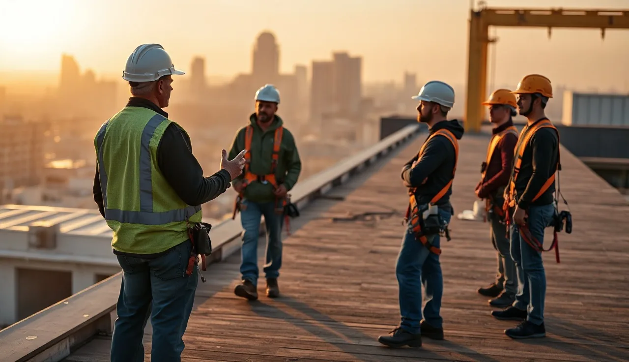 Construction crew attending a fall prevention toolbox talk on a roof deck at dawn