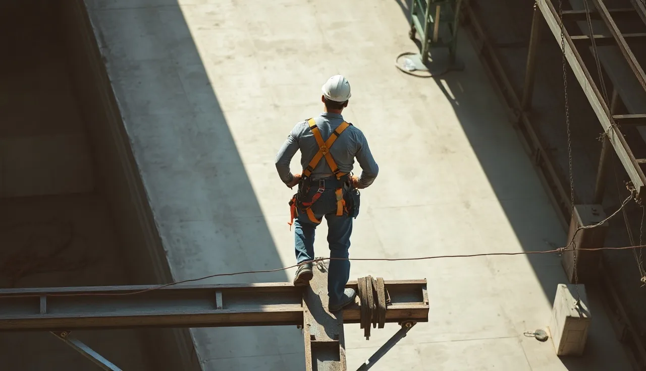 Worker in fall protection harness standing on elevated steel beam at construction site