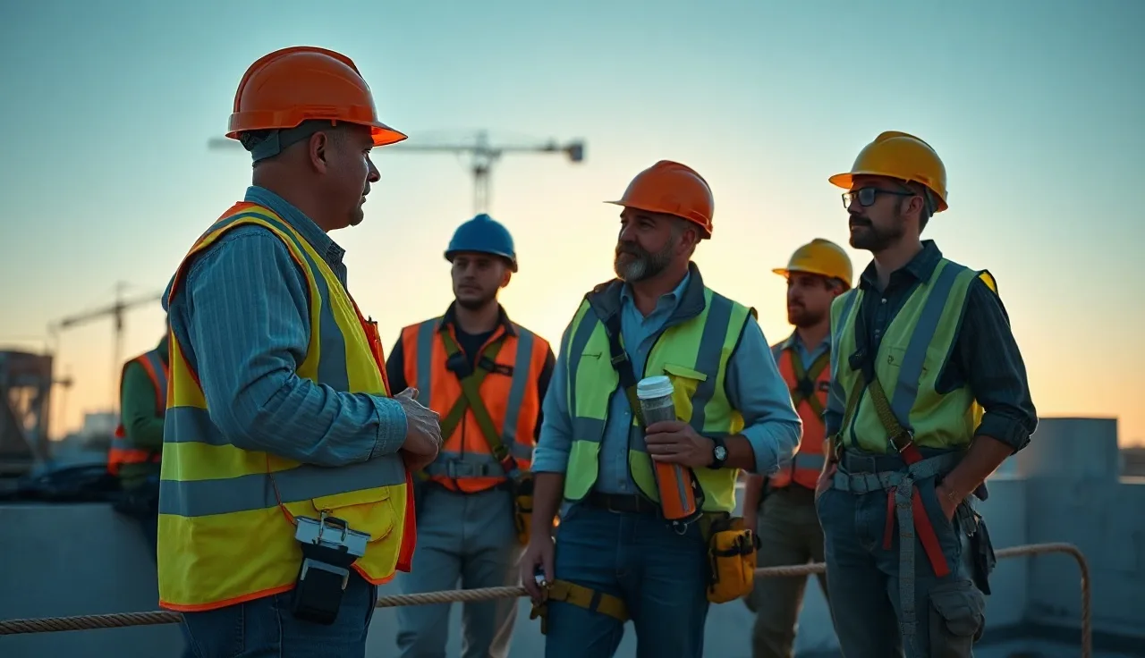 Supervisor leading a fall protection toolbox talk on a rooftop with workers in harnesses
