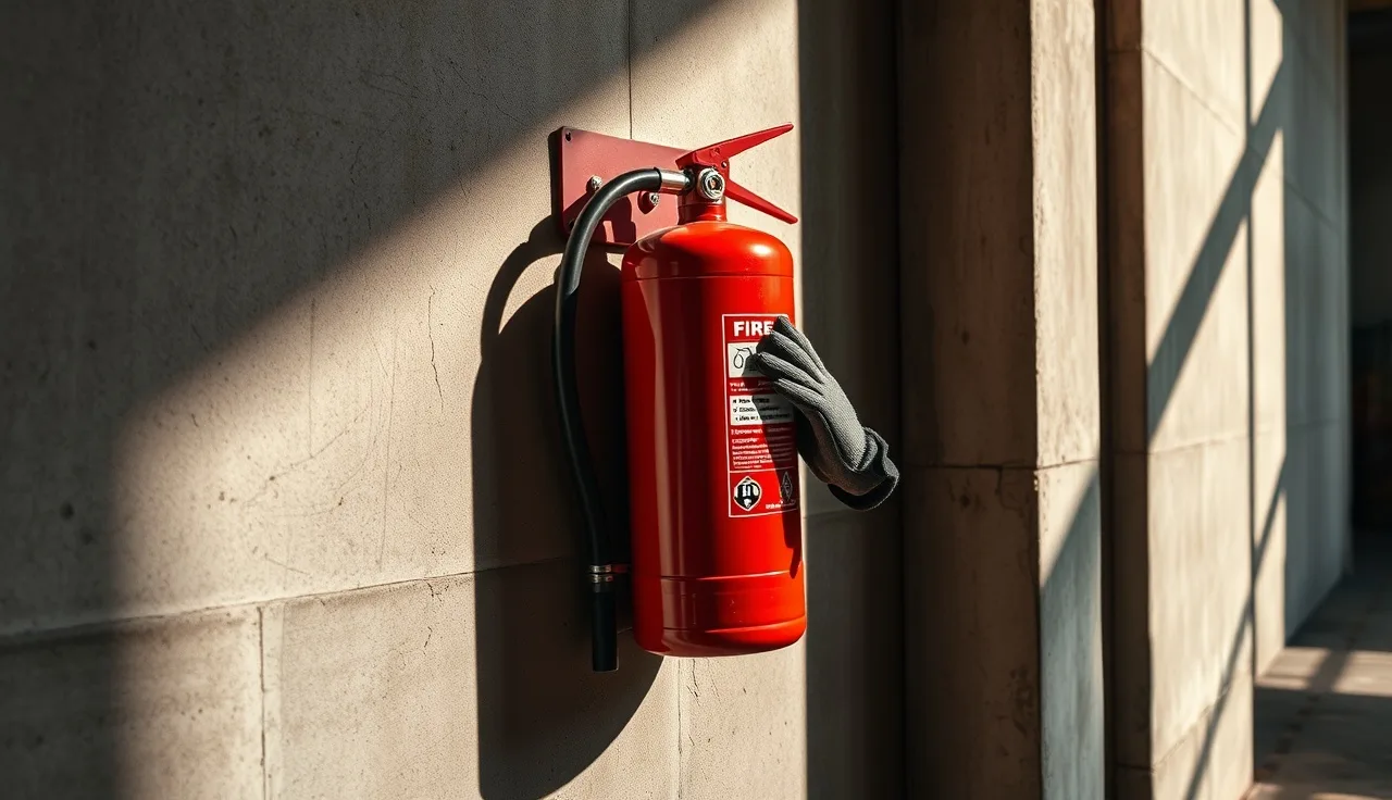 Worker's gloved hand near a mounted red fire extinguisher on a warehouse wall