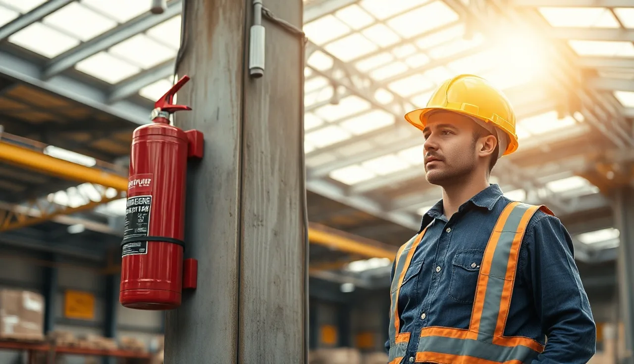 Warehouse worker standing near a mounted fire extinguisher inside an industrial facility
