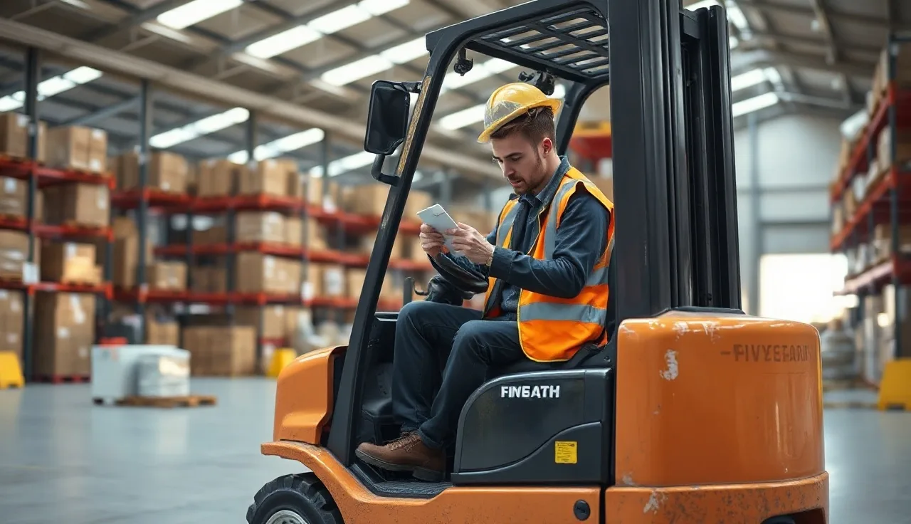 Warehouse operator in safety vest reviewing a laminated forklift certification card