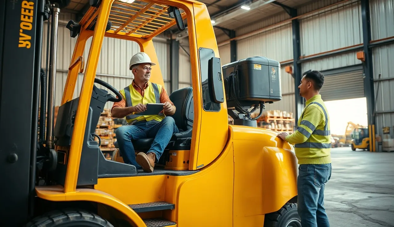 Forklift operator reviewing controls with supervisor during certification training in warehouse