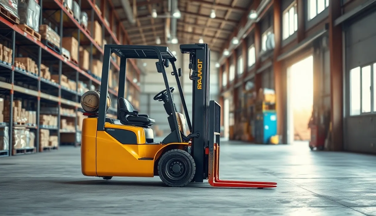 Yellow forklift parked in a warehouse aisle during forklift certification training
