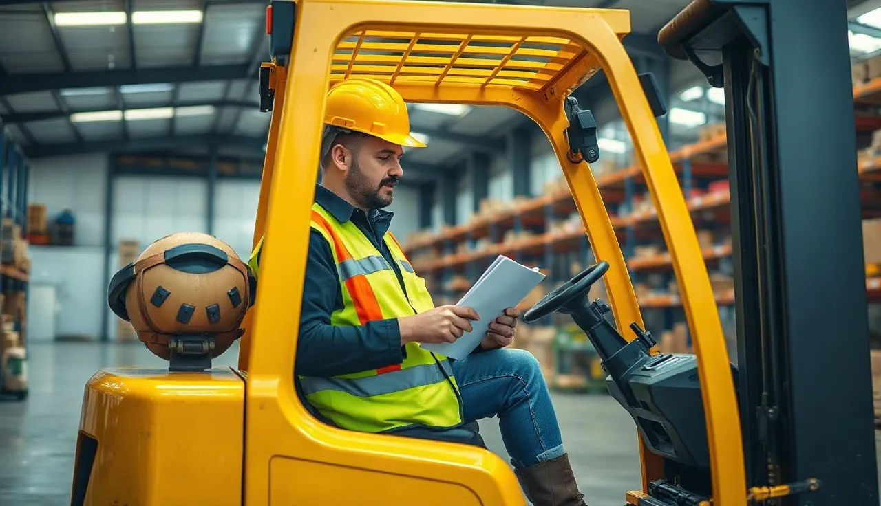 Forklift operator in safety vest reviewing pre-shift inspection checklist in warehouse