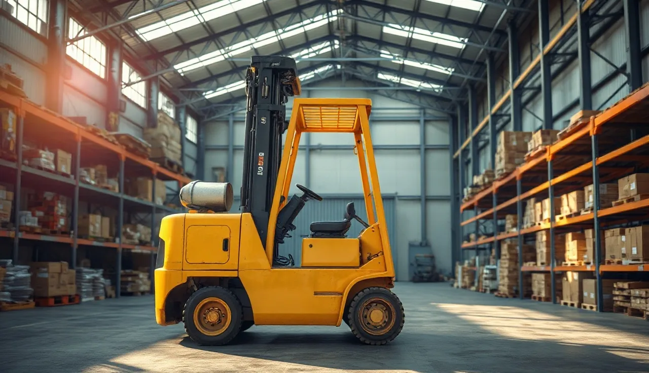 Yellow forklift with lowered forks parked inside a large warehouse under natural skylight