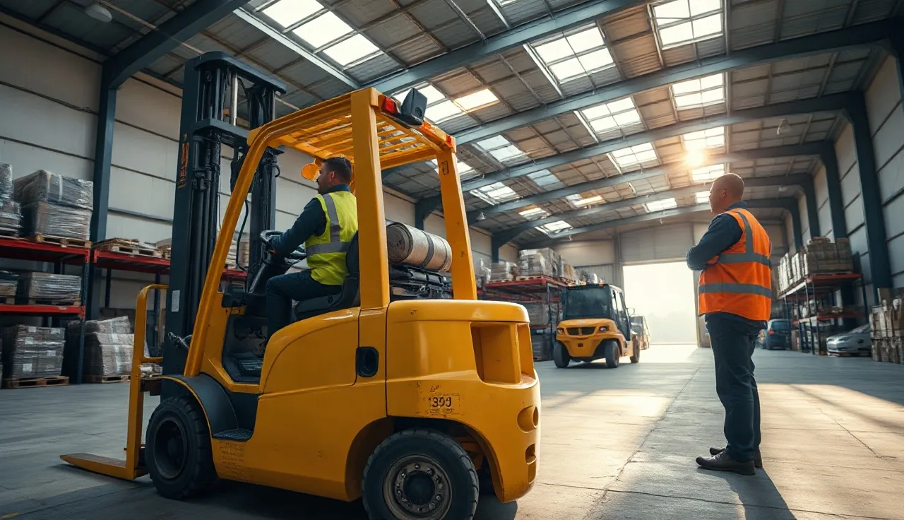 Forklift operator in warehouse cab during certification evaluation with supervisor
