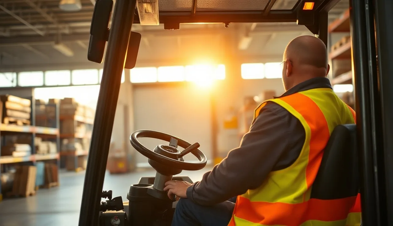 Forklift operator in high-visibility vest seated at controls inside warehouse
