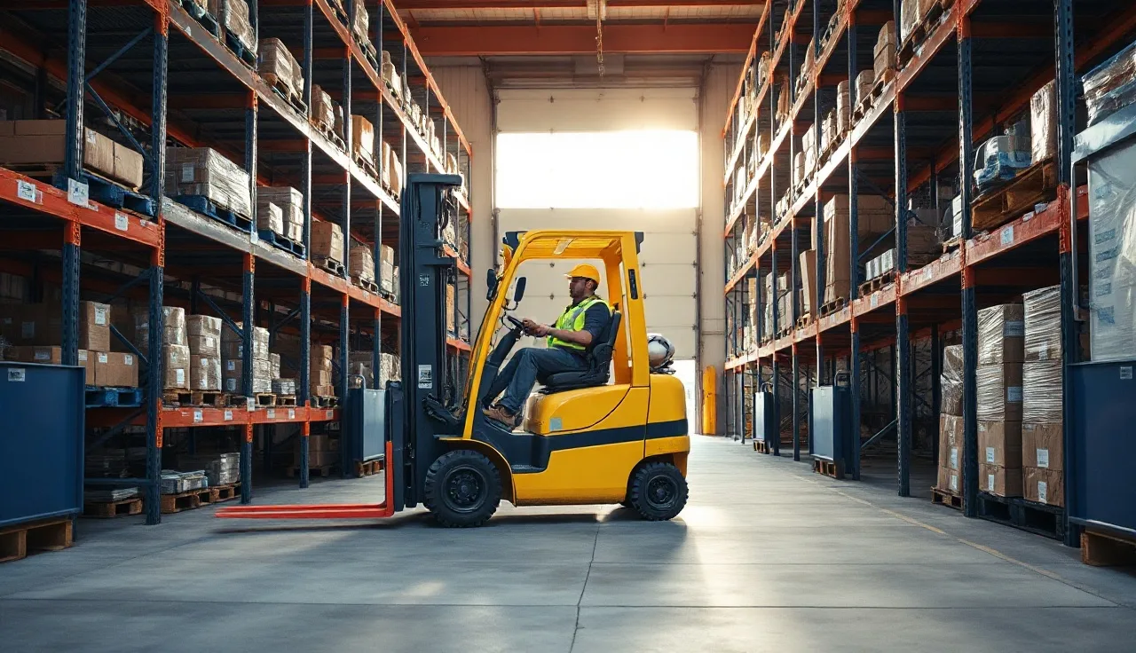 Warehouse worker operating a yellow counterbalanced forklift in a large industrial aisle