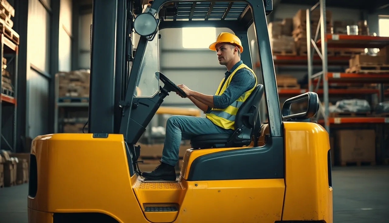 Forklift operator seated in yellow forklift during workplace evaluation in warehouse