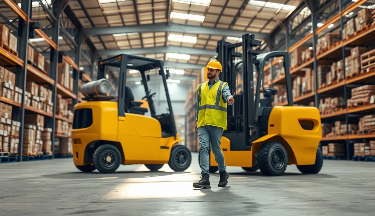 Warehouse worker inspecting a yellow forklift during pre-shift safety check