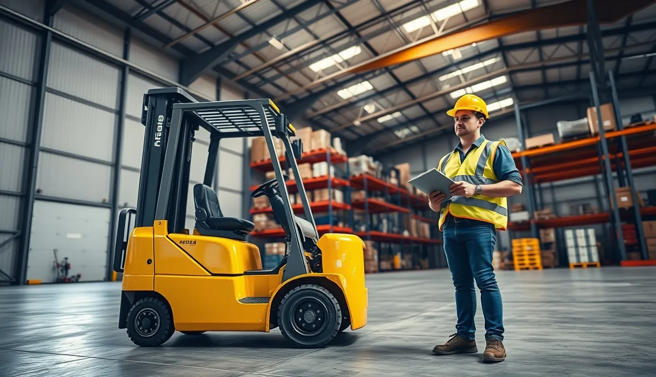 Worker in hard hat reviewing forklift training checklist inside a warehouse