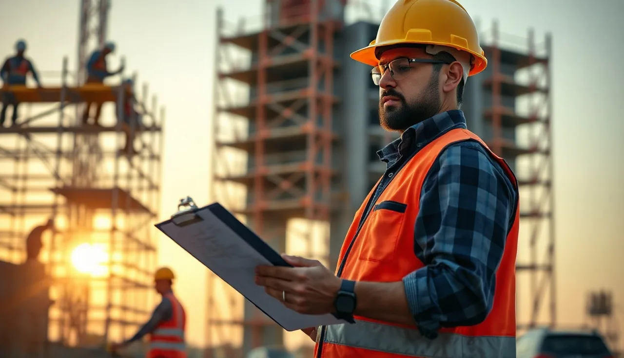 Construction foreman in hard hat reviewing safety training documents at a worksite