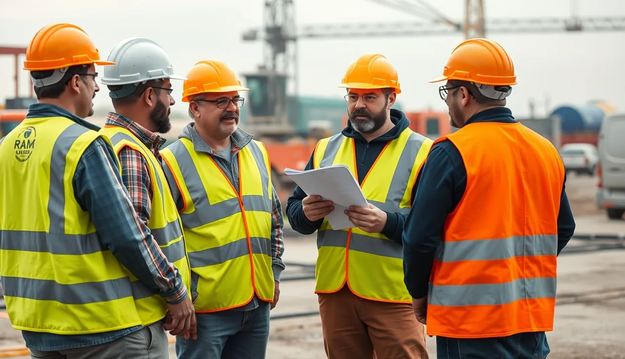 Construction workers gathered for a toolbox talk safety meeting on a job site