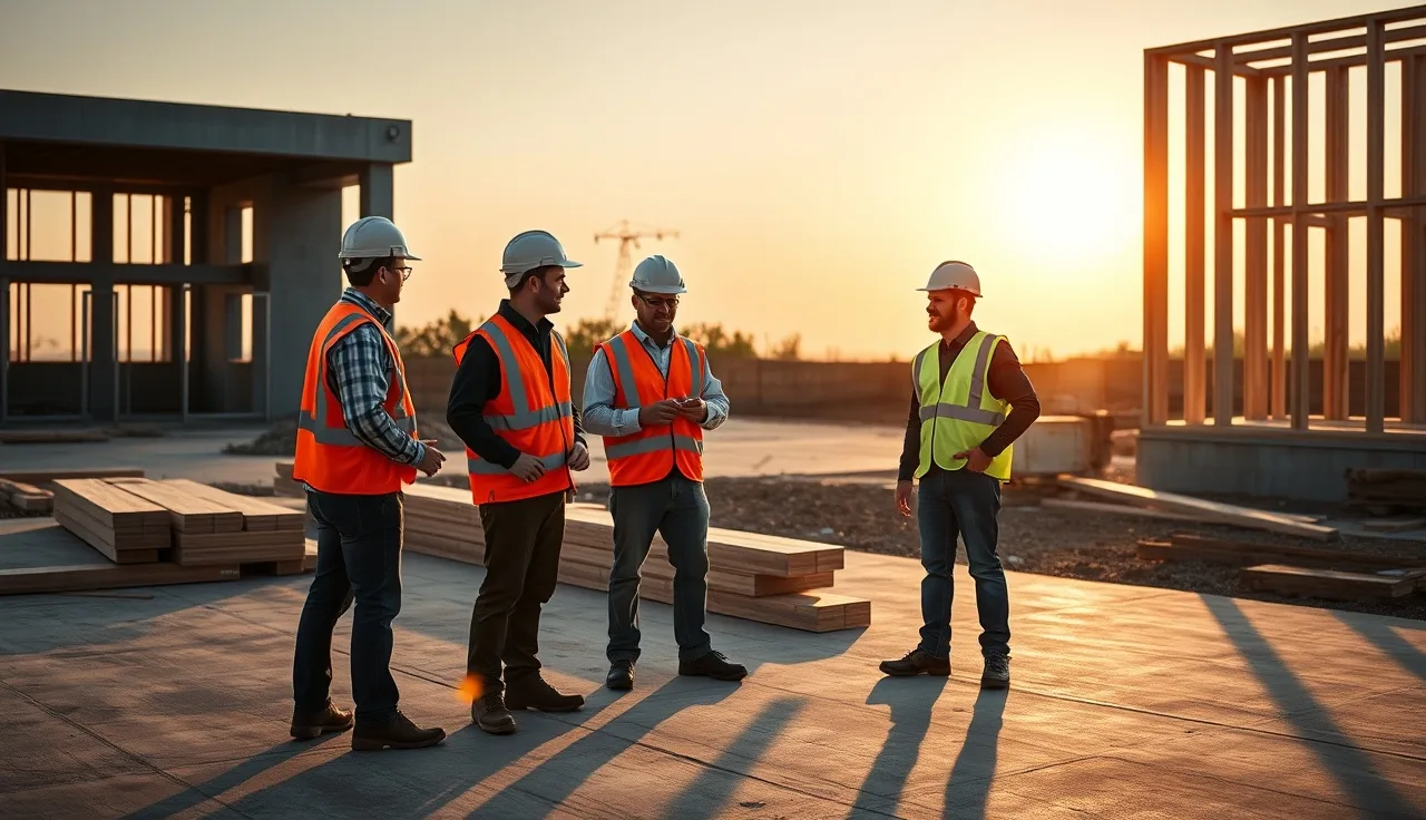Four construction workers in hard hats gathered for a morning safety toolbox talk on a concrete slab