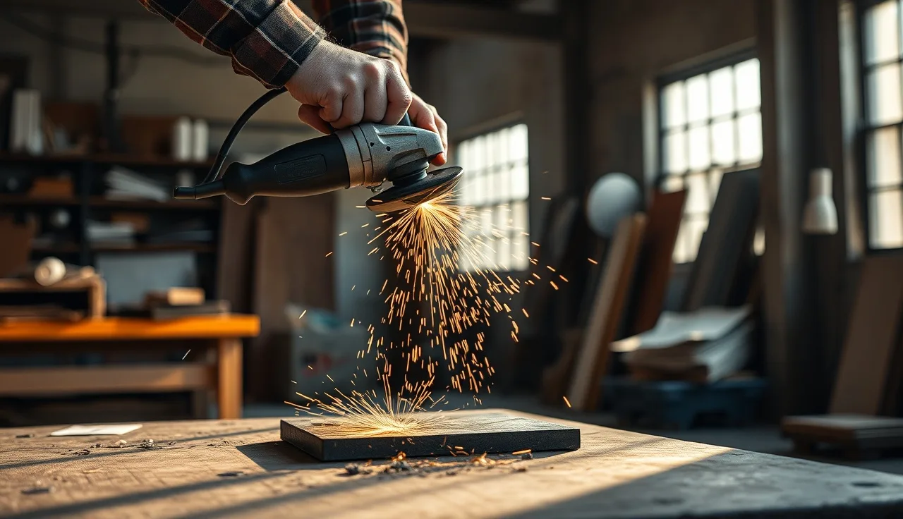 Worker using an angle grinder on steel in a workshop, sparks flying